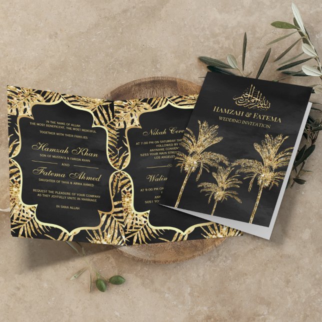 Black and Gold Glitter Date Palms Muslim Wedding Invitation (Creator Uploaded)