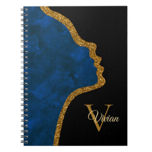 Black And Gold Glitter Face Monogram Name Notebook