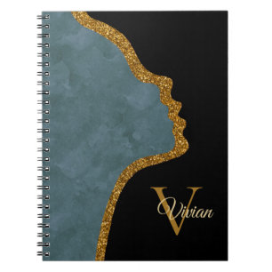 Black And Gold Glitter Face Monogram Name Notebook