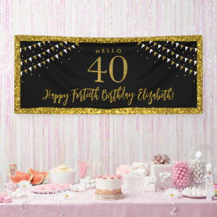 Black and Gold Glitter Fortieth Birthday Hello 40 Banner