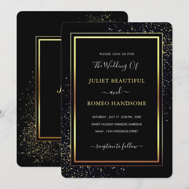 Black and Gold Glitter Framed Wedding Invitation (Front/Back)