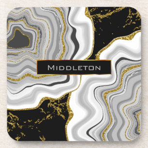 Black and Gold Glitter Geode Marble Coaster