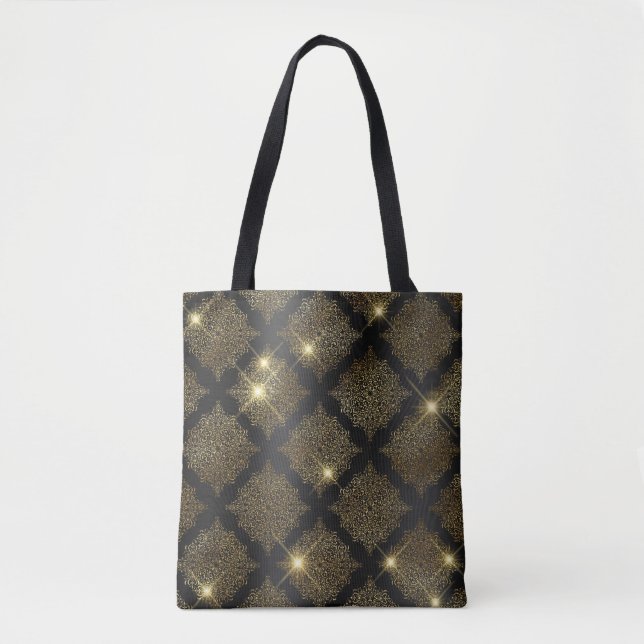 Black and Gold Glitter Glam Filigree Pattern Tote Bag (Front)