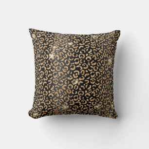 Black and Gold Glitter Glam Leopard Spots Print Cushion