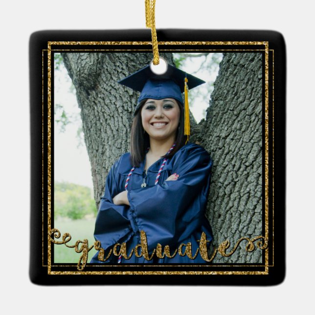 Black and Gold Glitter GRADUATE (Editable Colour) Ceramic Ornament (Front)