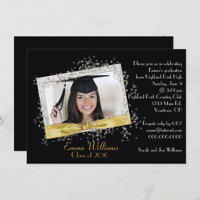 Black and Gold Glitter Graduation Invitation (Front/Back)