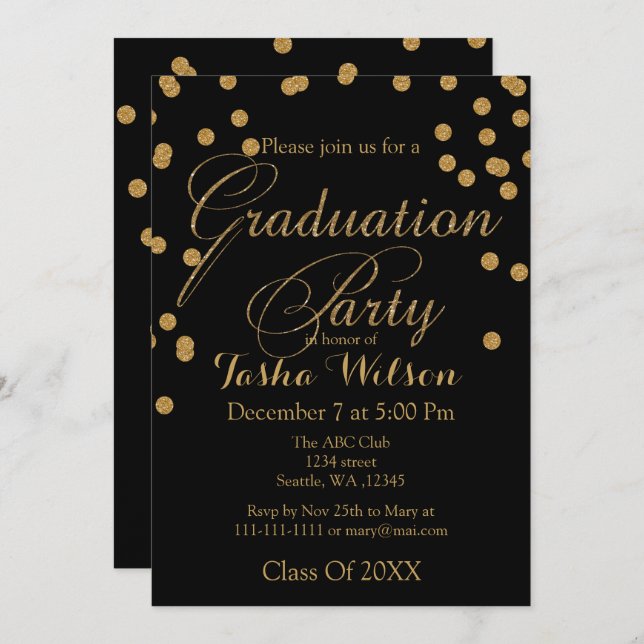 Black and Gold Glitter Graduation Invite (Front/Back)