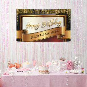Black and Gold Glitter Happy Birthday Banner
