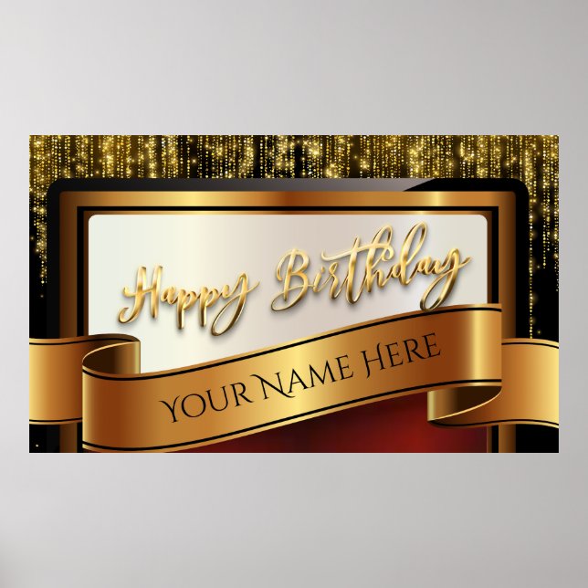 Black and Gold Glitter Happy Birthday Poster (Front)