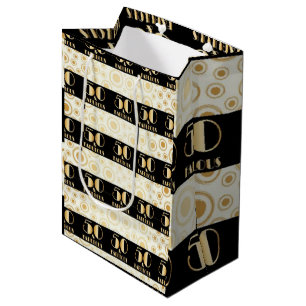 Black and gold glitter, happy birthday, script medium gift bag