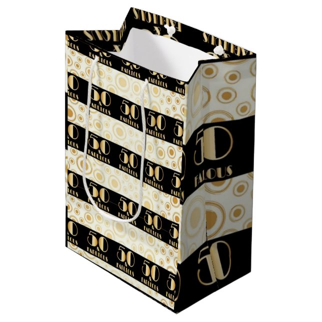 Black and gold glitter, happy birthday, script  medium gift bag (Front Angled)