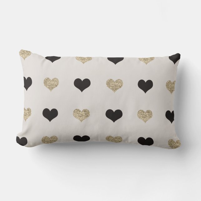Black and Gold Glitter Hearts Throw Pillow (Front)