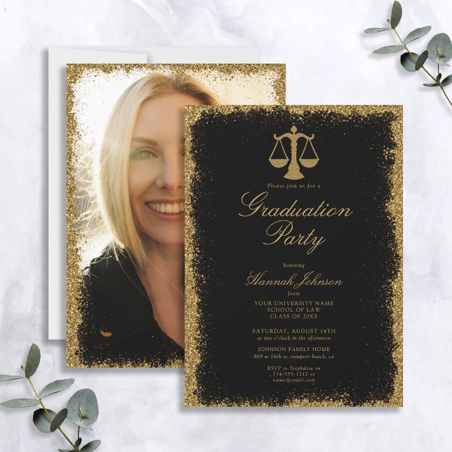 Black and Gold Glitter Law School Photo Graduation Invitation (Creator Uploaded)