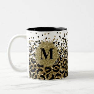 Black and gold glitter leopard print initial Two-Tone coffee mug