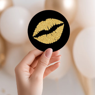 Black and Gold Glitter Lips Classic Round Sticker
