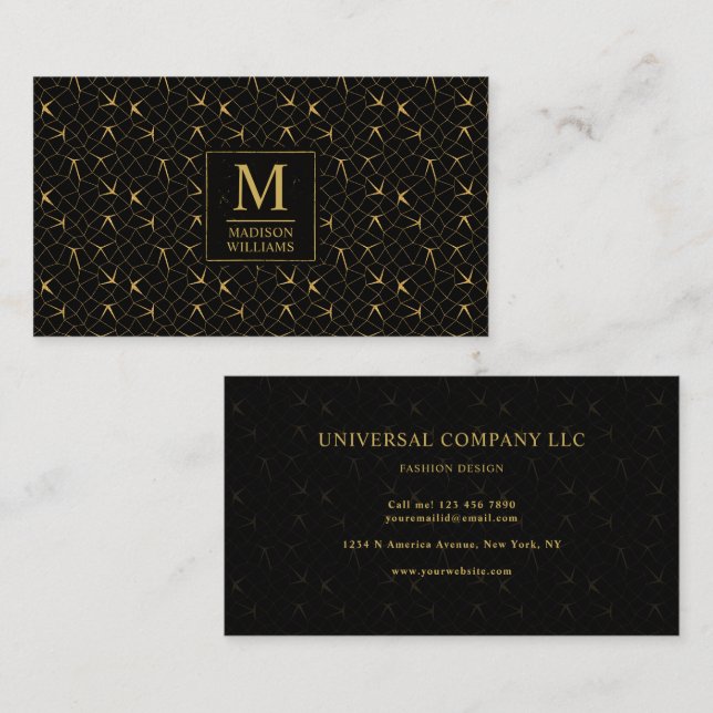 Black and Gold Glitter Luxury Geometric Pattern Business Card (Front/Back)