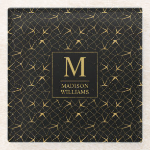 Black and Gold Glitter Luxury Geometric Pattern Glass Coaster
