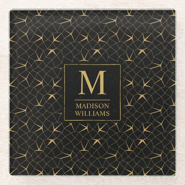 Black and Gold Glitter Luxury Geometric Pattern Glass Coaster (Front)