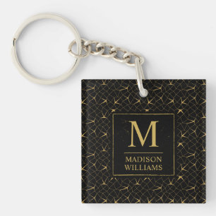 Black and Gold Glitter Luxury Geometric Pattern Key Ring