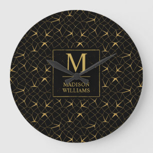 Black and Gold Glitter Luxury Geometric Pattern Large Clock