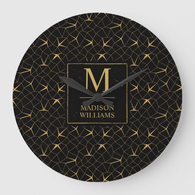 Black and Gold Glitter Luxury Geometric Pattern Large Clock (Front)