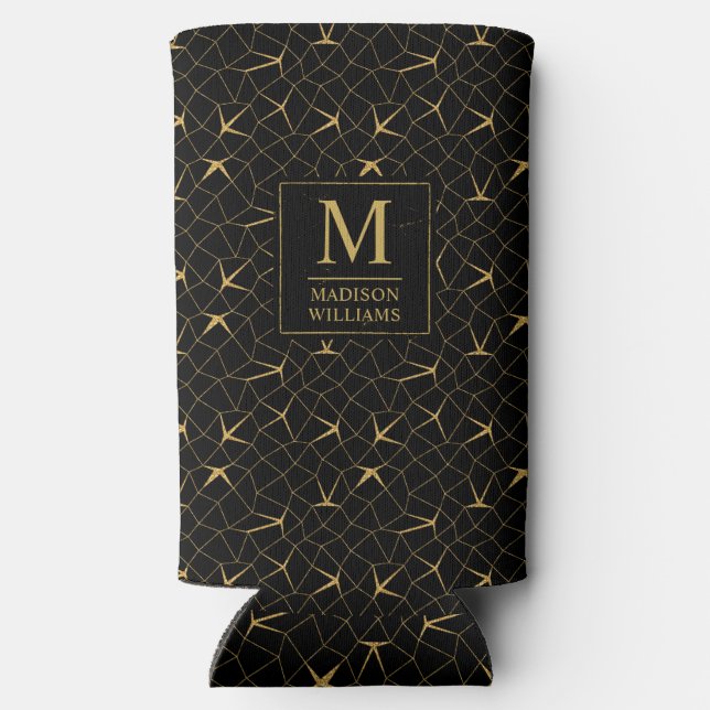 Black and Gold Glitter Luxury Geometric Pattern Seltzer Can Cooler (Back)