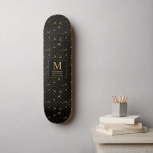 Black and Gold Glitter Luxury Geometric Pattern Skateboard