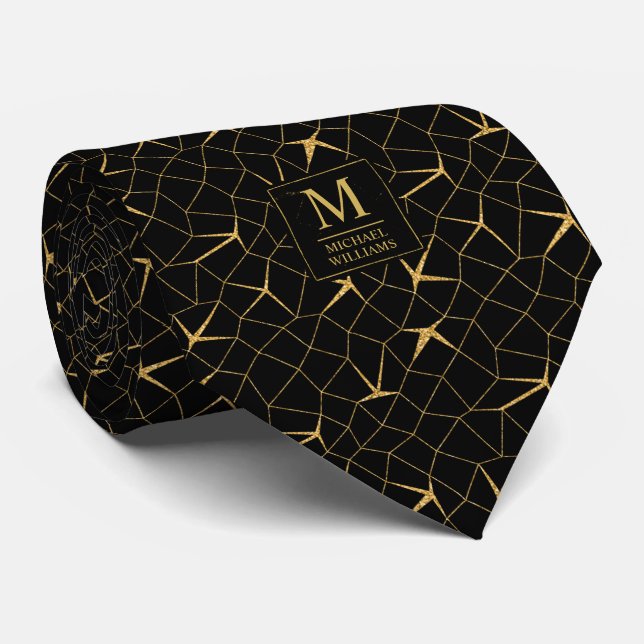 Black and Gold Glitter Luxury Geometric Pattern Tie (Rolled)