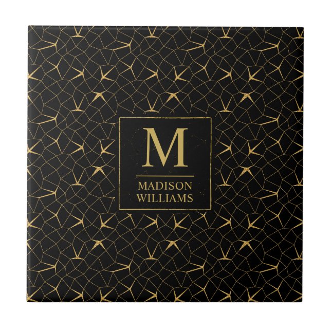 Black and Gold Glitter Luxury Geometric Pattern Tile (Front)