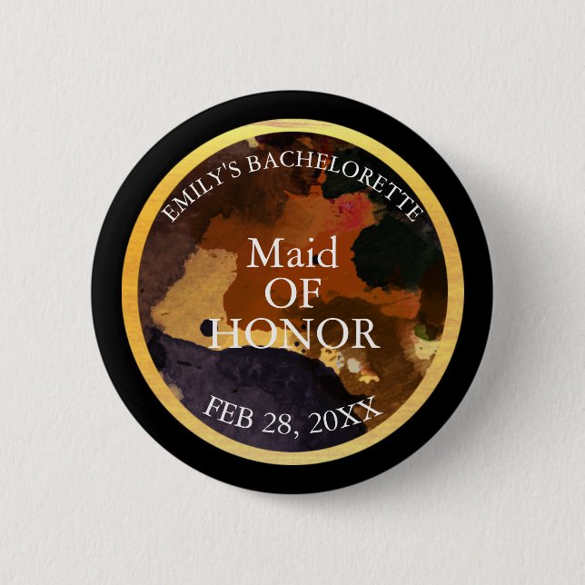 Black and Gold Glitter Maid of Honour Bachelor 6 Cm Round Badge (Front)