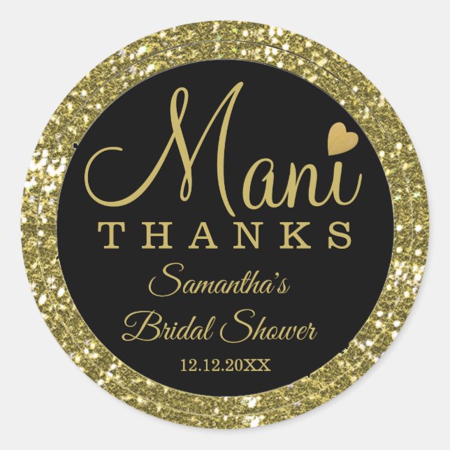 Black And Gold Glitter Mani Thanks Bridal Shower Classic Round Sticker (Front)