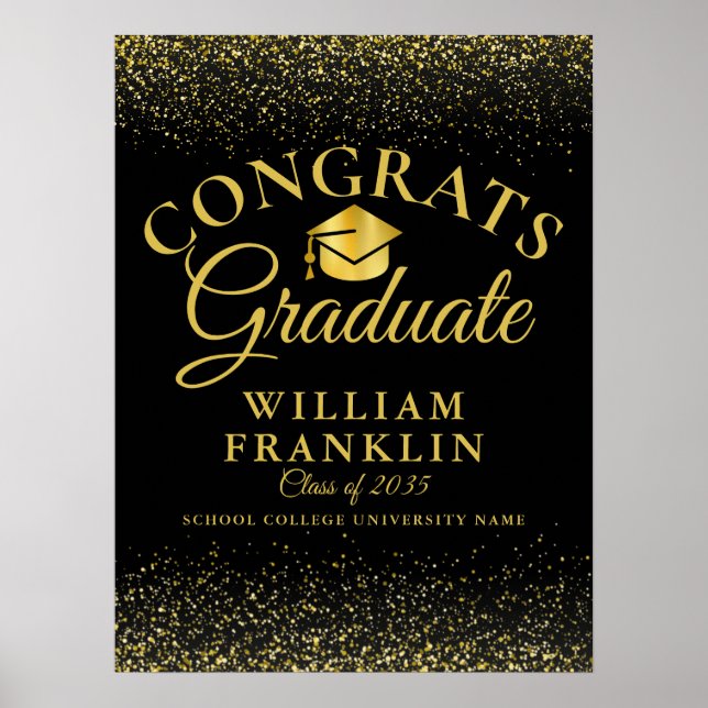 Black And Gold Glitter Modern Graduation Sign (Front)