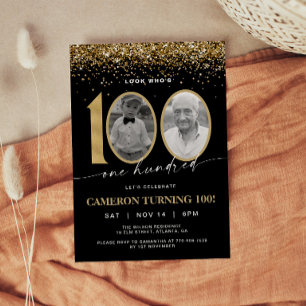Black and Gold Glitter Modern Photo 100th Birthday Invitation