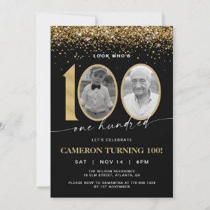 Black and Gold Glitter Modern Photo 100th Birthday Invitation