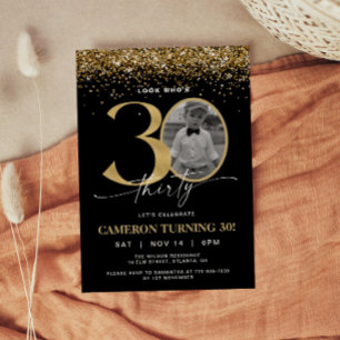 Black and Gold Glitter Modern Photo 30th Birthday Invitation