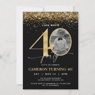 Black and Gold Glitter Modern Photo 40th Birthday Invitation