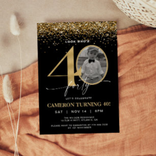 Black and Gold Glitter Modern Photo 40th Birthday Invitation