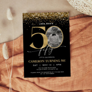 Black and Gold Glitter Modern Photo 50th Birthday Invitation