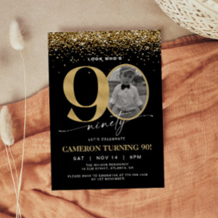 Black and Gold Glitter Modern Photo 90th Birthday Invitation