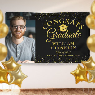 Black And Gold Glitter Modern Photo Graduation Banner