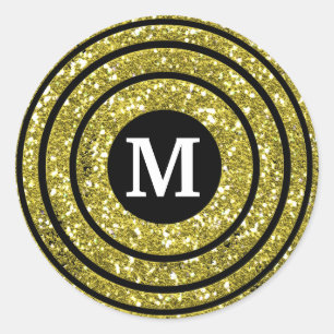 Black And Gold Glitter Monogram Classic Round Sticker