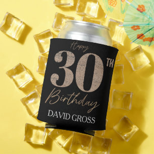 Black and Gold Glitter Numeral 30th Birthday Can Cooler
