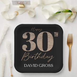 Black and Gold Glitter Numeral 30th Birthday Paper Plate