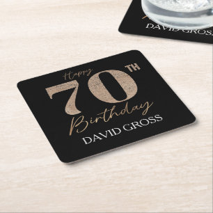 Black and Gold Glitter Numeral 70th Birthday Square Paper Coaster