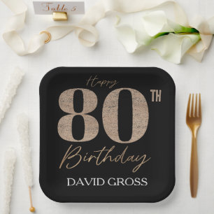 Black and Gold Glitter Numeral 80th Birthday  Paper Plate