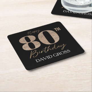 Black and Gold Glitter Numeral 80th Birthday Square Paper Coaster