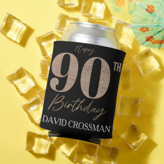 Black and Gold Glitter Numeral 90th Birthday Can Cooler