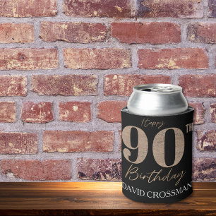 Black and Gold Glitter Numeral 90th Birthday  Can Cooler