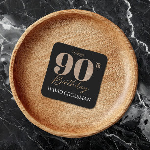 Black and Gold Glitter Numeral 90th Birthday  Square Paper Coaster