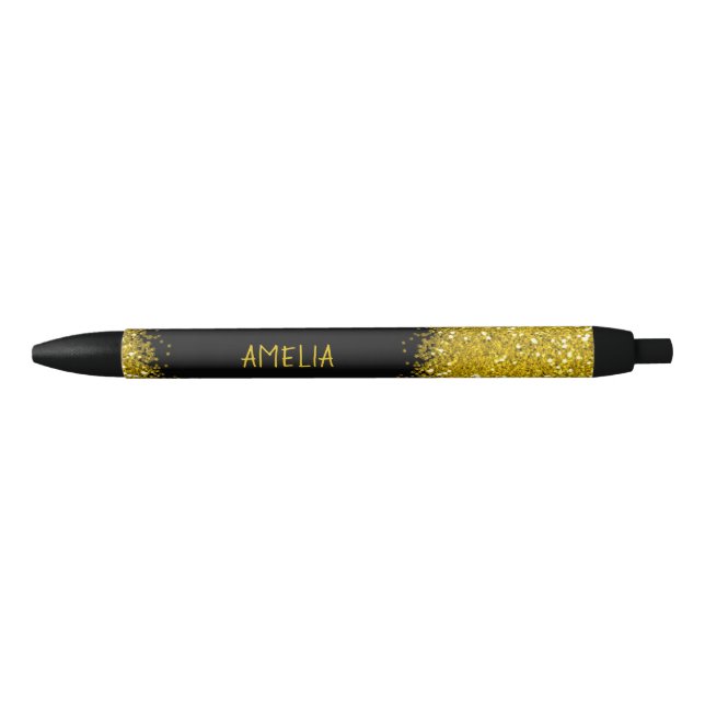 Black And Gold Glitter Personalised Name Black Ink Pen (Front)